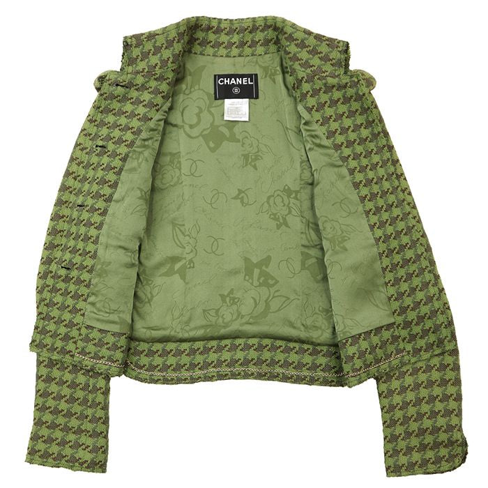 CHANEL 2008 Houndstooth Tweed Cropped Jacket Epaulettes Scissors CC Logo Size 36