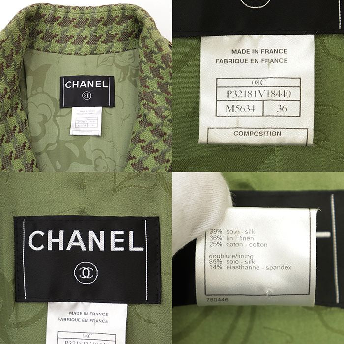 CHANEL 2008 Houndstooth Tweed Cropped Jacket Epaulettes Scissors CC Logo Size 36