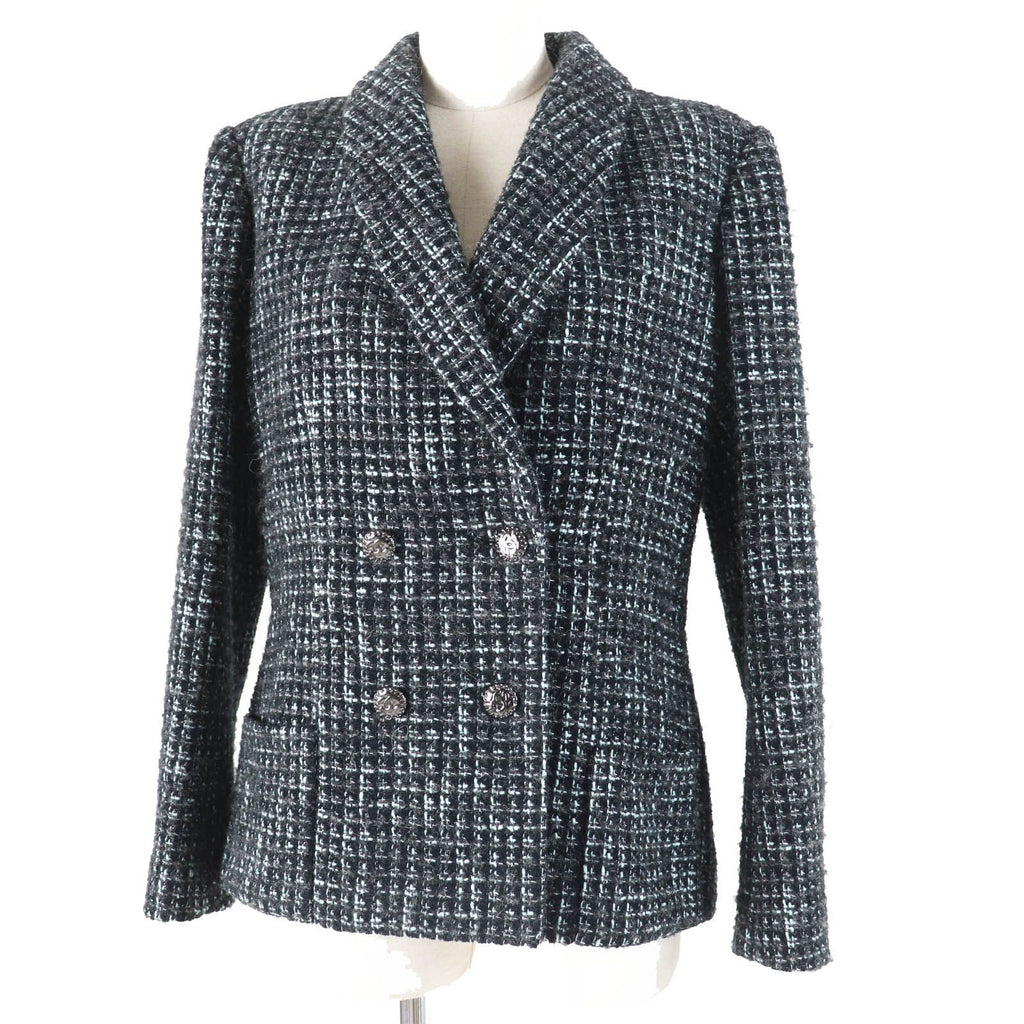 CHANEL 22B Pre-Collection Look 47 Tweed Tailored Jacket CC Buttons Black Turquoise Size 38