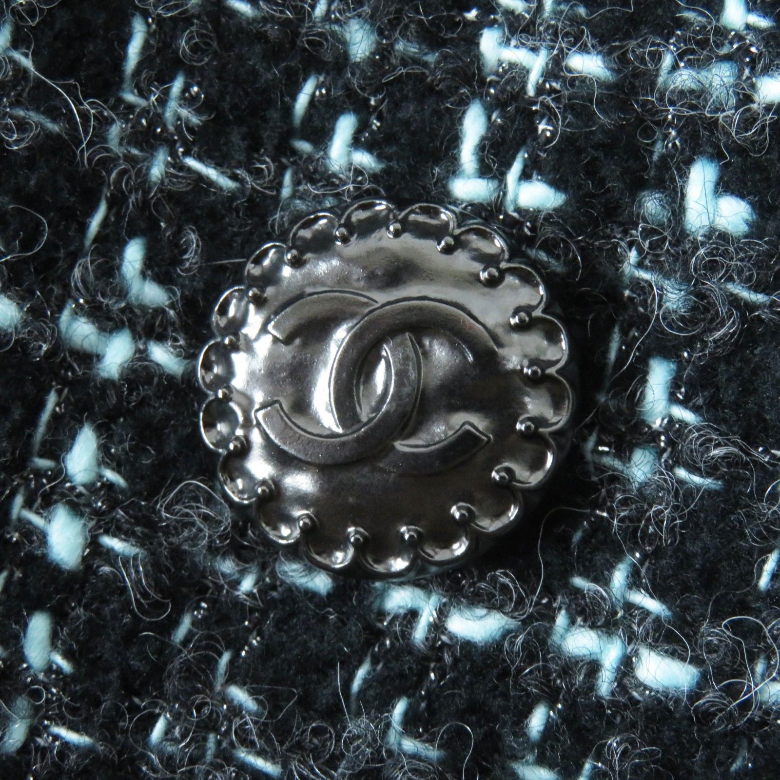 CHANEL 22B Pre-Collection Look 47 Tweed Tailored Jacket CC Buttons Black Turquoise Size 38