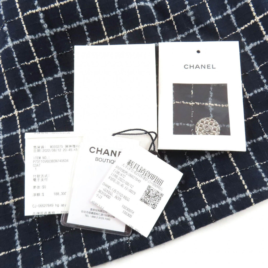 CHANEL 2021 Wool Blend Tweed Coat CC Buttons Navy Runway Piece Size 34 Made in France