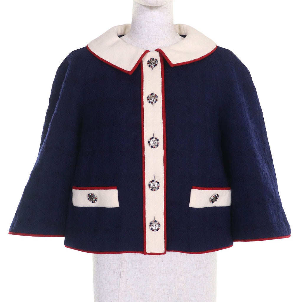 CHANEL Wool Tweed Short Cropped Half-Sleeve Jacket CC Buttons Silk Lining Navy Ivory Red Size 40