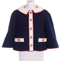 CHANEL Wool Tweed Short Cropped Half-Sleeve Jacket CC Buttons Silk Lining Navy Ivory Red Size 40