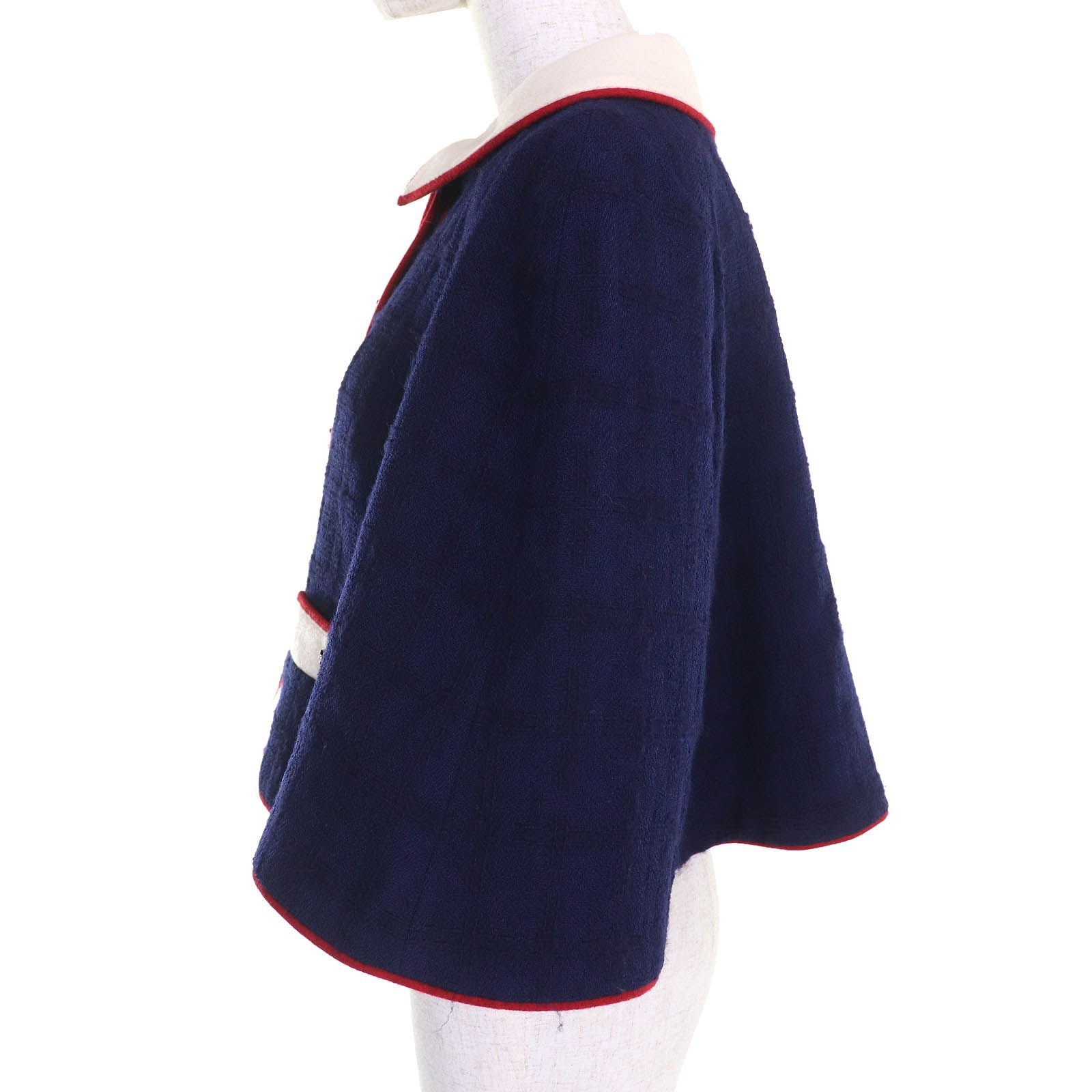 CHANEL Wool Tweed Short Cropped Half-Sleeve Jacket CC Buttons Silk Lining Navy Ivory Red Size 40