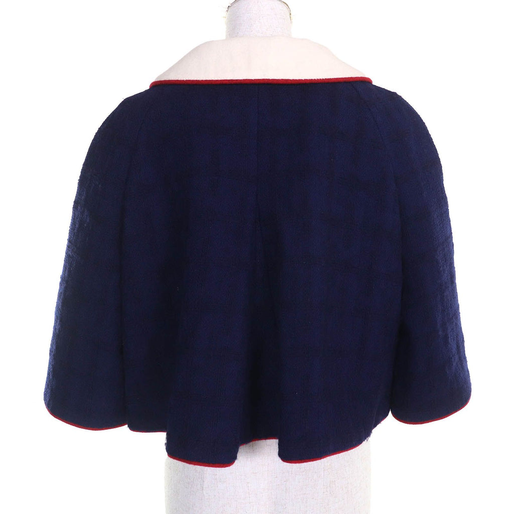 CHANEL Wool Tweed Short Cropped Half-Sleeve Jacket CC Buttons Silk Lining Navy Ivory Red Size 40