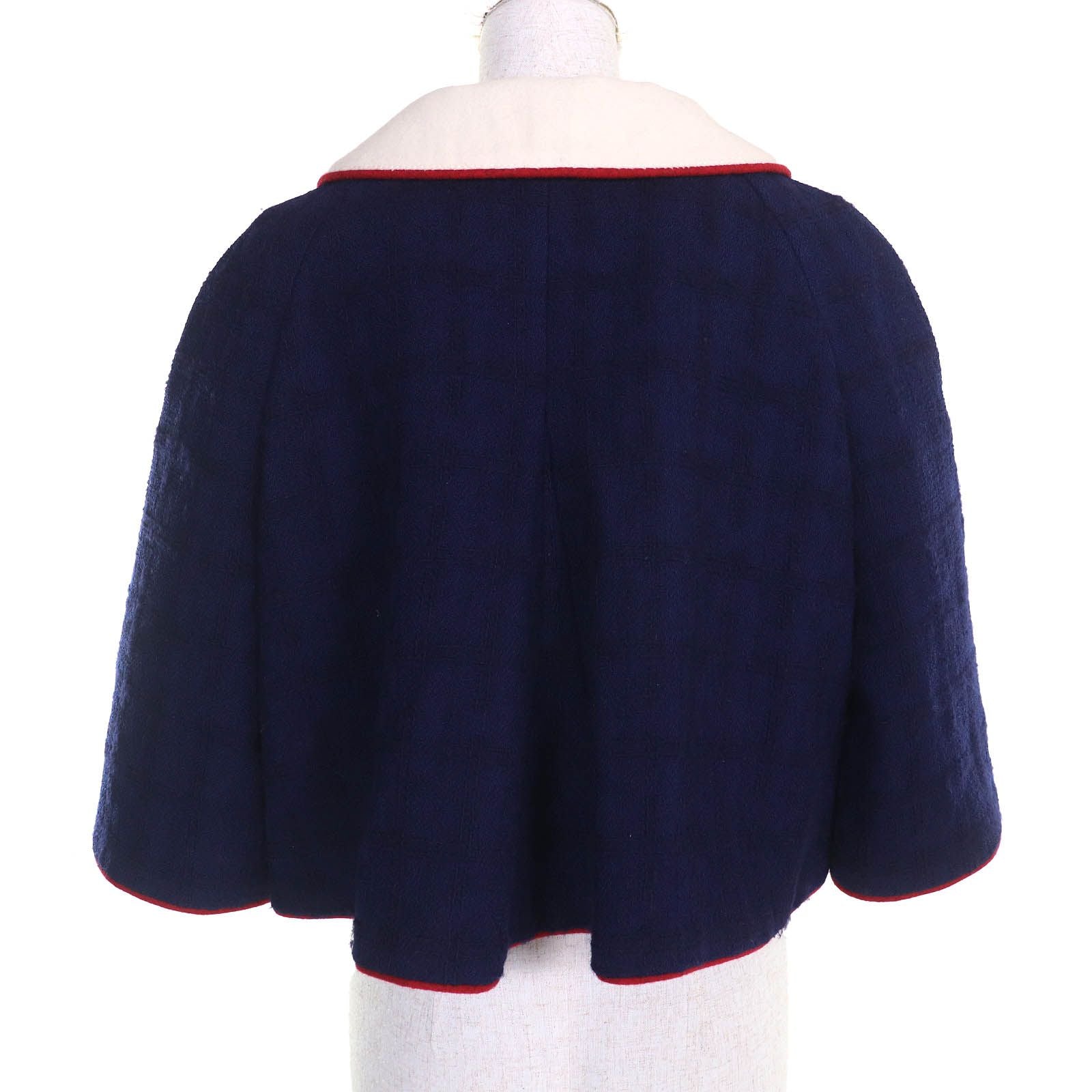 CHANEL Wool Tweed Short Cropped Half-Sleeve Jacket CC Buttons Silk Lining Navy Ivory Red Size 40