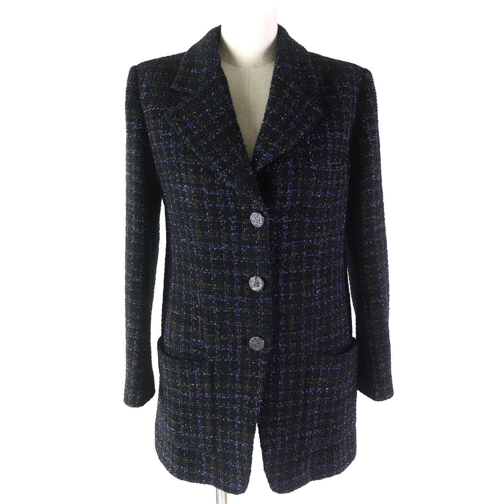 CHANEL Cotton Wool Coloured Lamé Tweed Long Tailored Jacket Rhinestone CC Buttons Silk Lining Black Size 34