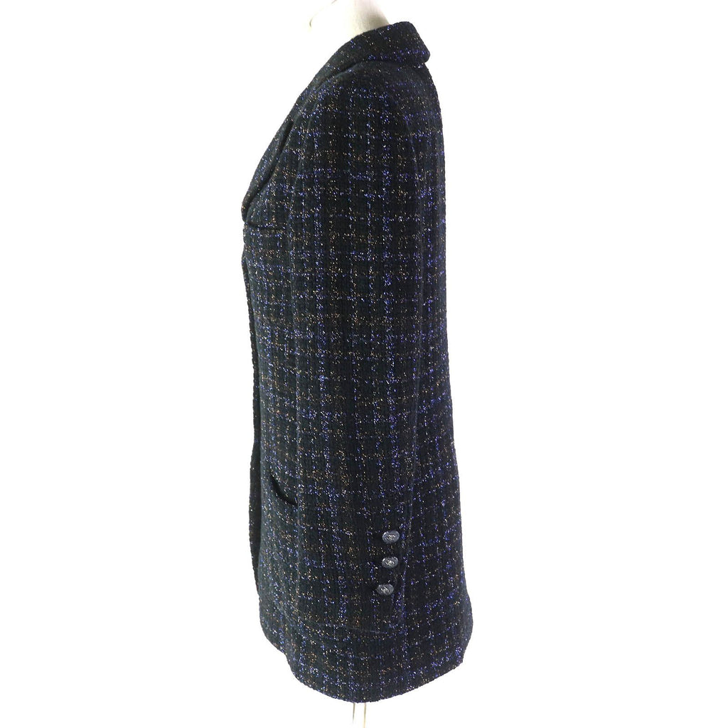 CHANEL Cotton Wool Coloured Lamé Tweed Long Tailored Jacket Rhinestone CC Buttons Silk Lining Black Size 34