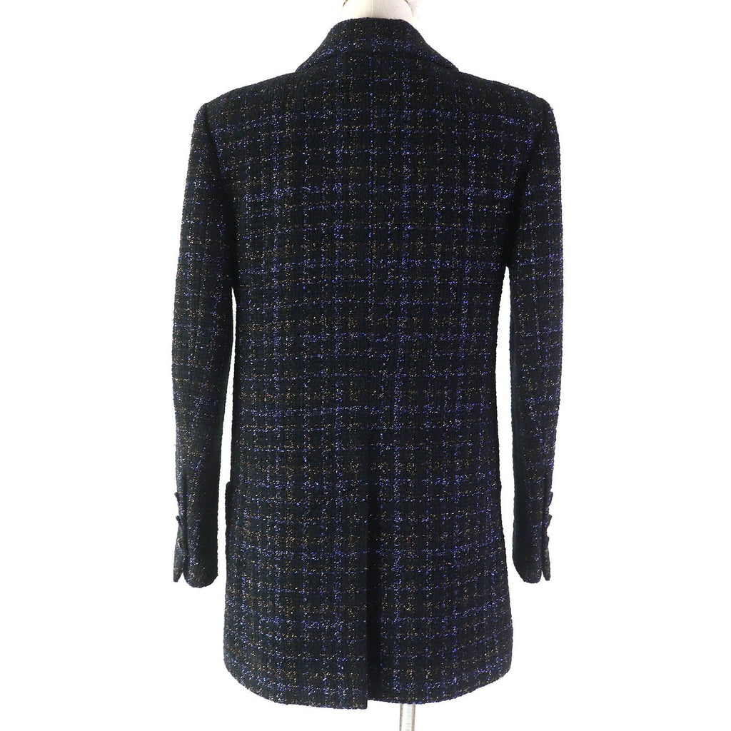 CHANEL Cotton Wool Coloured Lamé Tweed Long Tailored Jacket Rhinestone CC Buttons Silk Lining Black Size 34