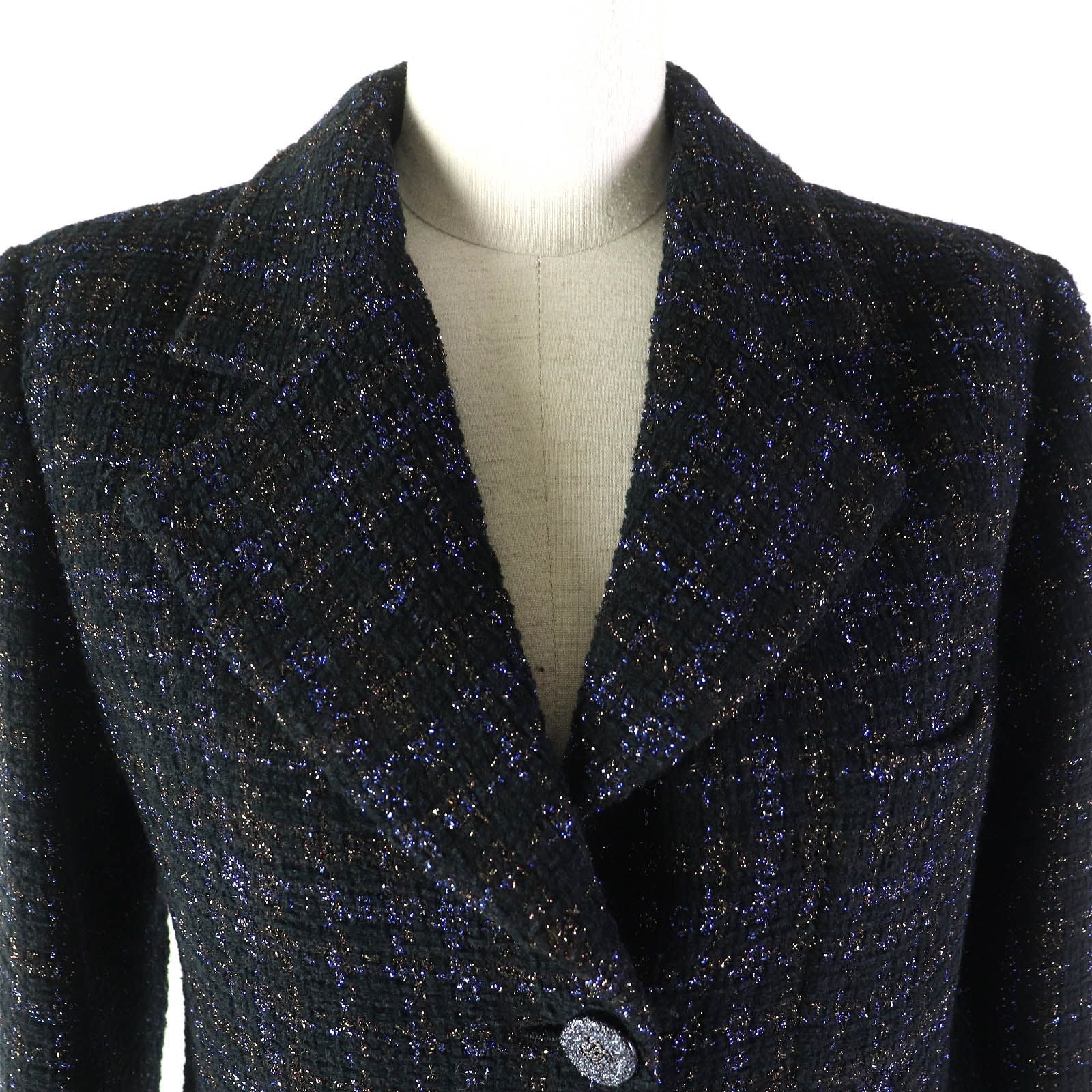 CHANEL Cotton Wool Coloured Lamé Tweed Long Tailored Jacket Rhinestone CC Buttons Silk Lining Black Size 34