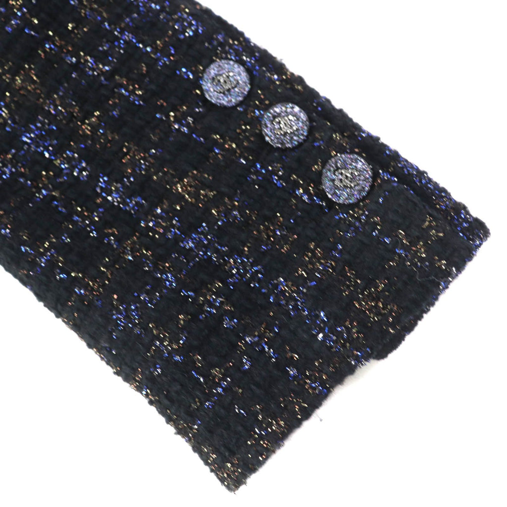 CHANEL Cotton Wool Coloured Lamé Tweed Long Tailored Jacket Rhinestone CC Buttons Silk Lining Black Size 34