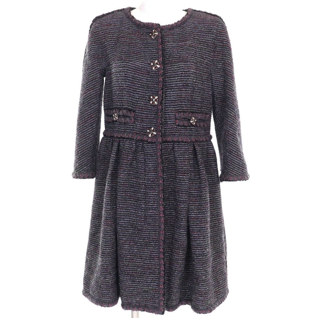 CHANEL Lamé Tweed No-Collar Coat Silk Lining CC Buttons Multicolor Size 38 Made in France