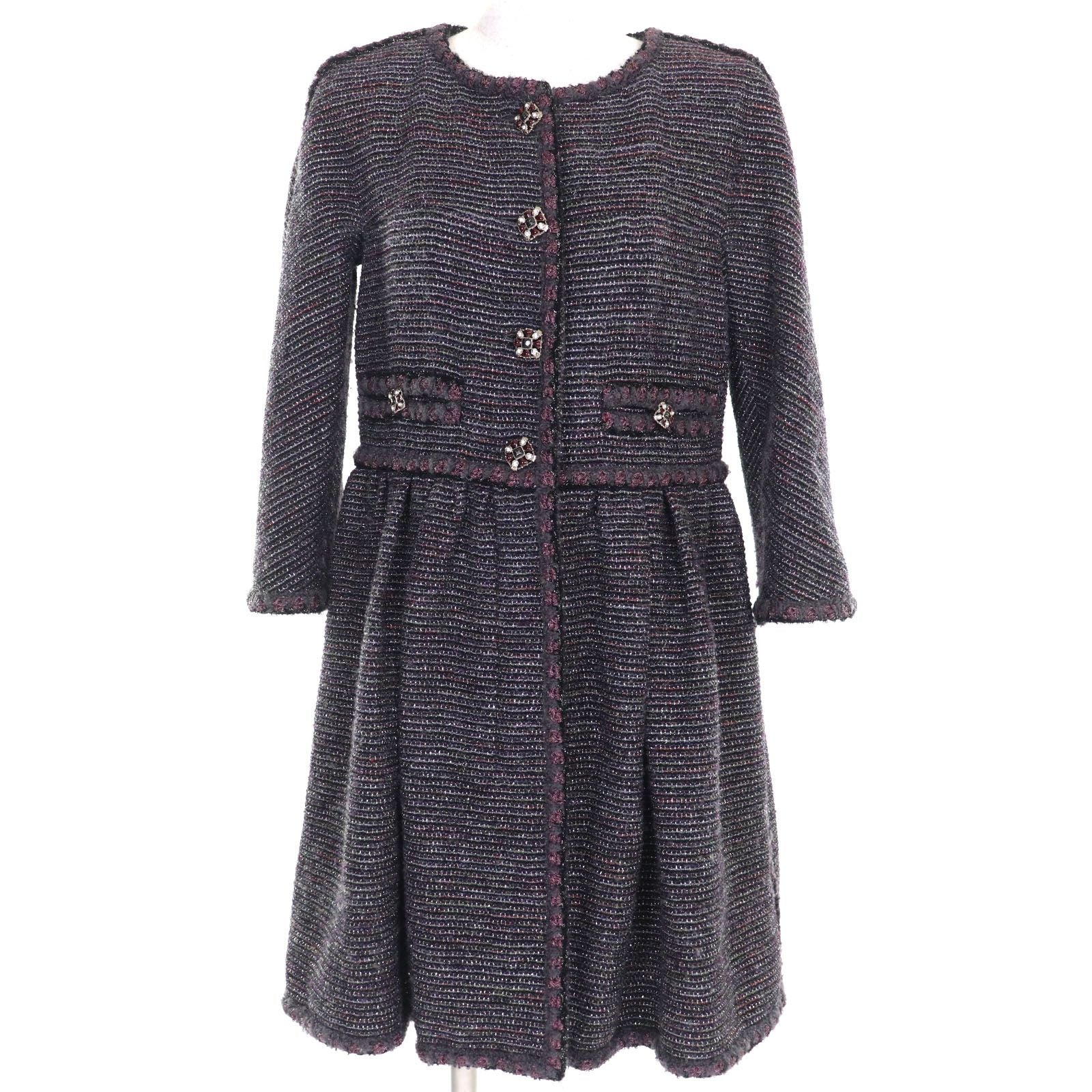 CHANEL Lamé Tweed No-Collar Coat Silk Lining CC Buttons Multicolor Size 38 Made in France