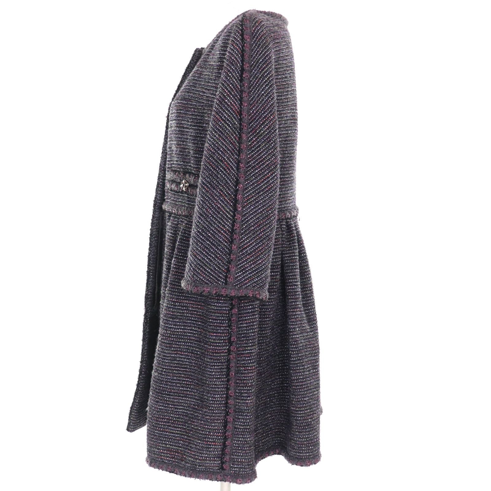 CHANEL Lamé Tweed No-Collar Coat Silk Lining CC Buttons Multicolor Size 38 Made in France