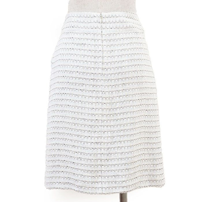 CHANEL 05C Tweed Skirt CC Logo Charm Cotton Linen Size 38