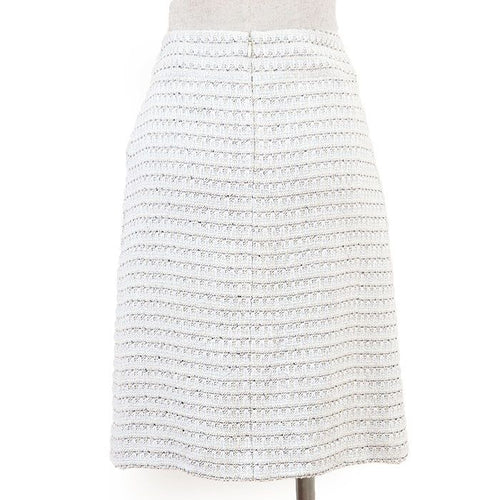 CHANEL 05C Tweed Skirt CC Logo Charm Cotton Linen Size 38