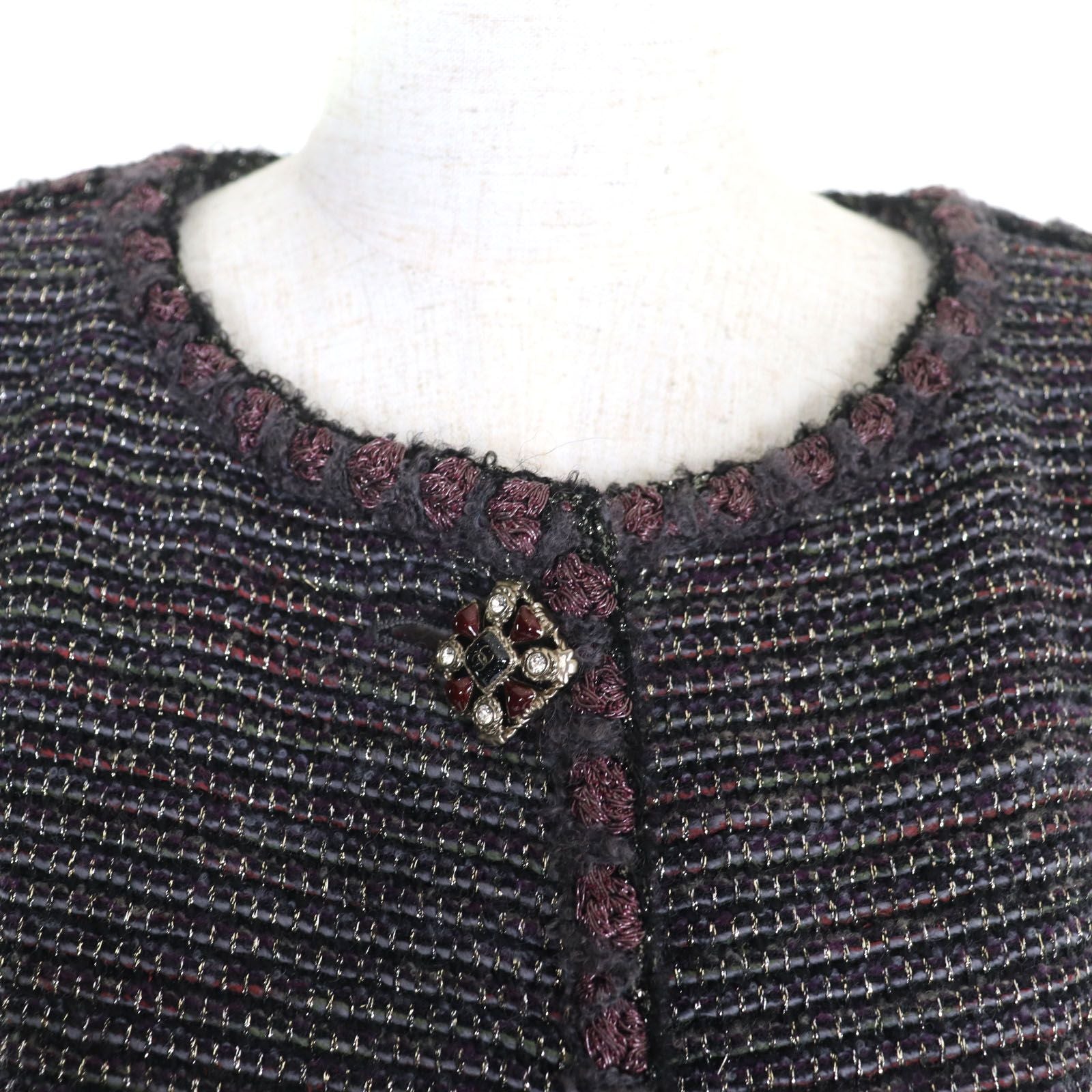 CHANEL Lamé Tweed No-Collar Coat Silk Lining CC Buttons Multicolor Size 38 Made in France