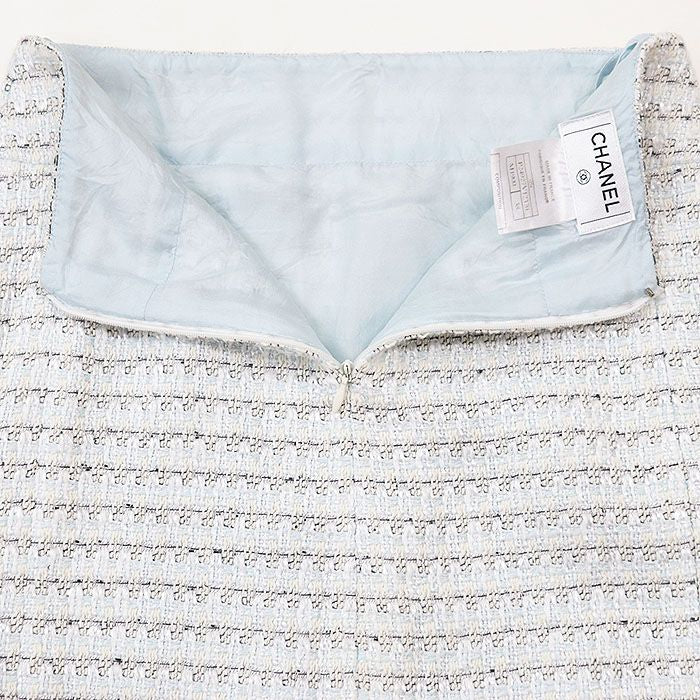 CHANEL 05C Tweed Skirt CC Logo Charm Cotton Linen Size 38
