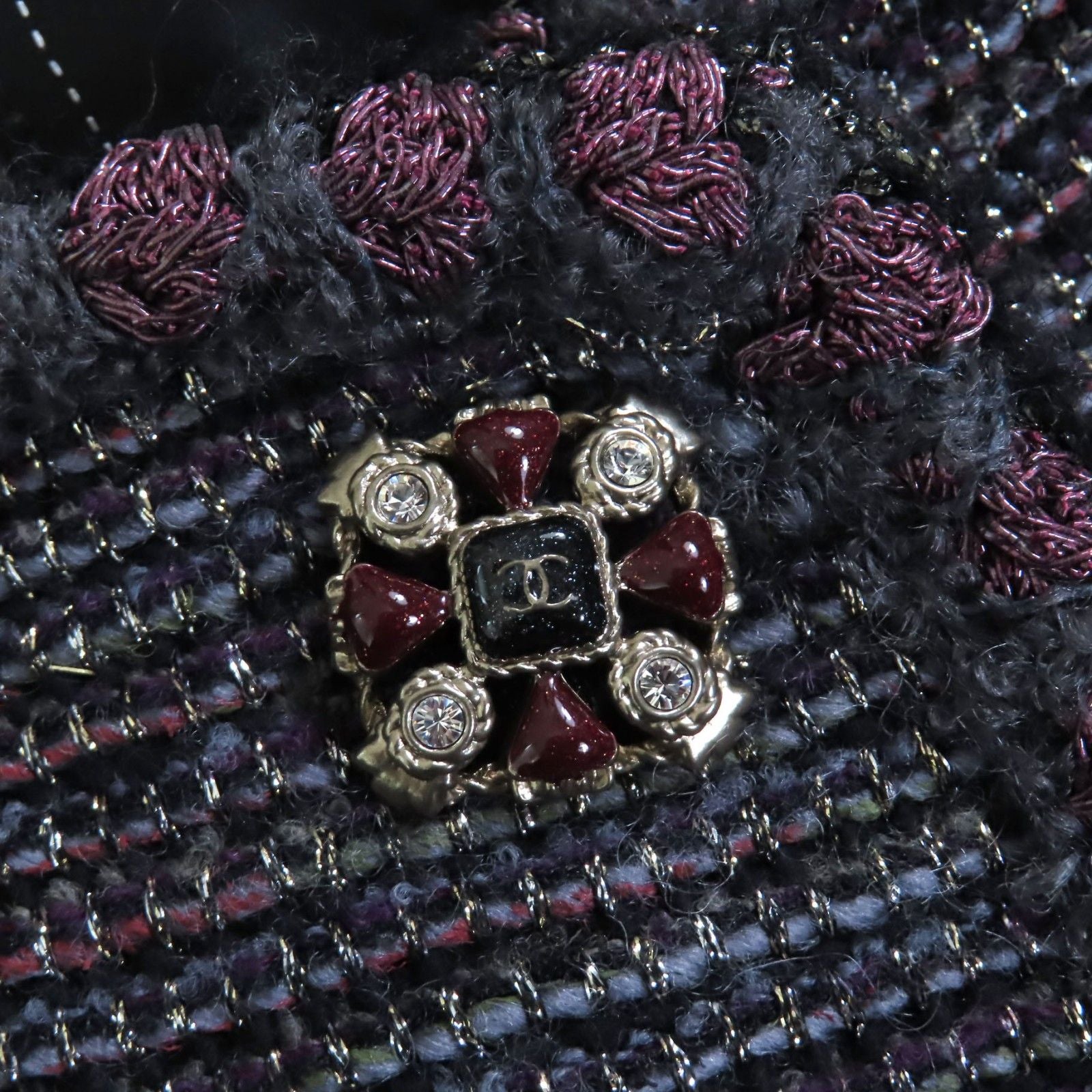 CHANEL Lamé Tweed No-Collar Coat Silk Lining CC Buttons Multicolor Size 38 Made in France