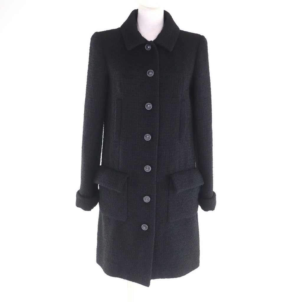 CHANEL Wool Tweed Coat Silk Lining CC Buttons Black Size 36
