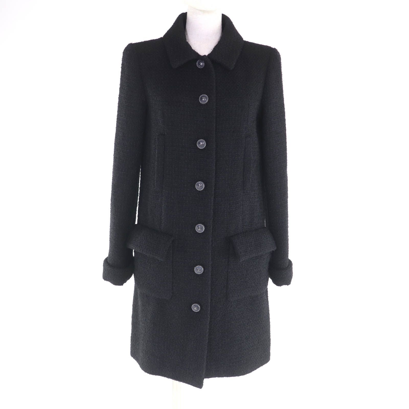 CHANEL Wool Tweed Coat Silk Lining CC Buttons Black Size 36