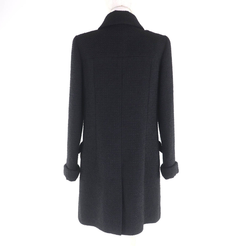 CHANEL Wool Tweed Coat Silk Lining CC Buttons Black Size 36