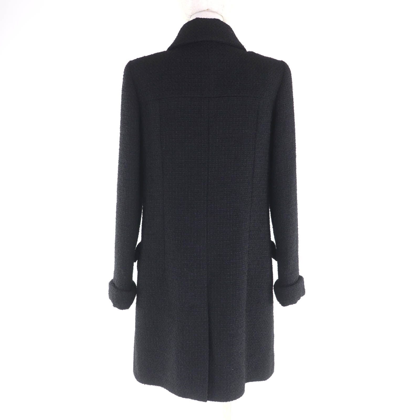 CHANEL Wool Tweed Coat Silk Lining CC Buttons Black Size 36