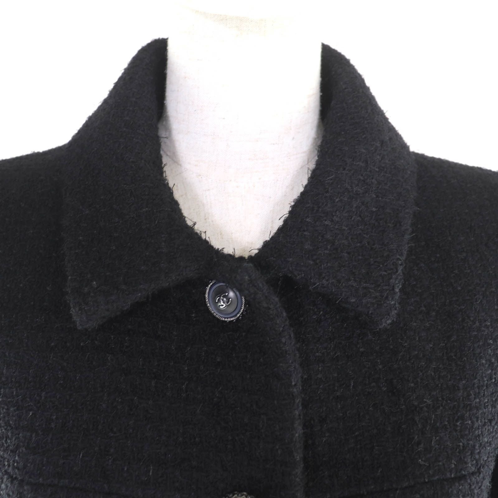CHANEL Wool Tweed Coat Silk Lining CC Buttons Black Size 36