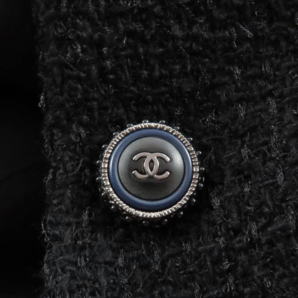 CHANEL Wool Tweed Coat Silk Lining CC Buttons Black Size 36