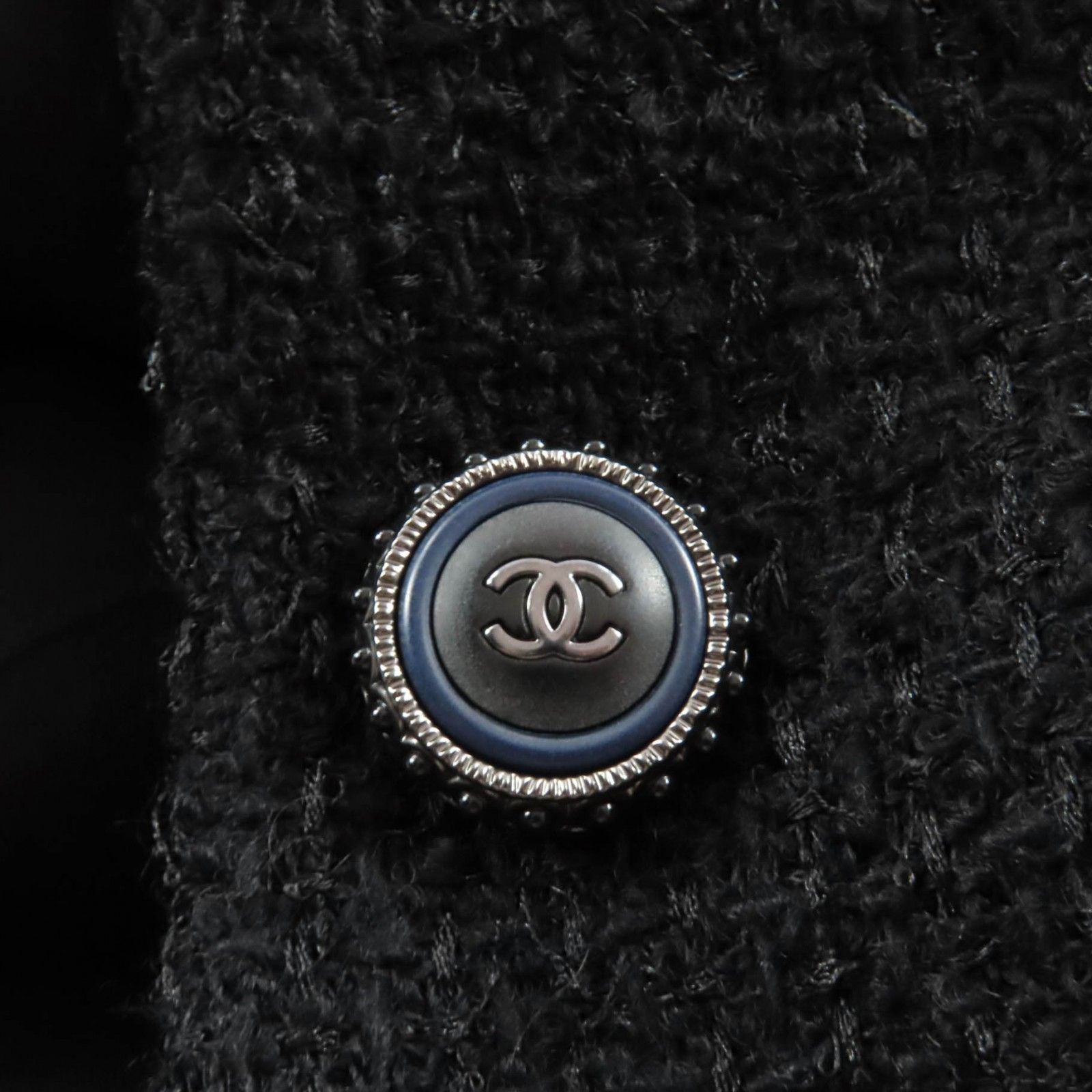 CHANEL Wool Tweed Coat Silk Lining CC Buttons Black Size 36