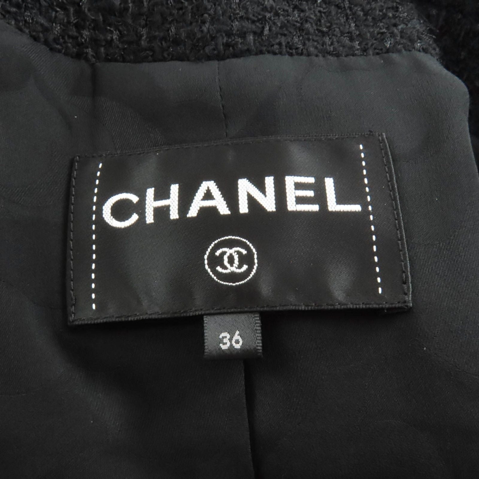 CHANEL Wool Tweed Coat Silk Lining CC Buttons Black Size 36