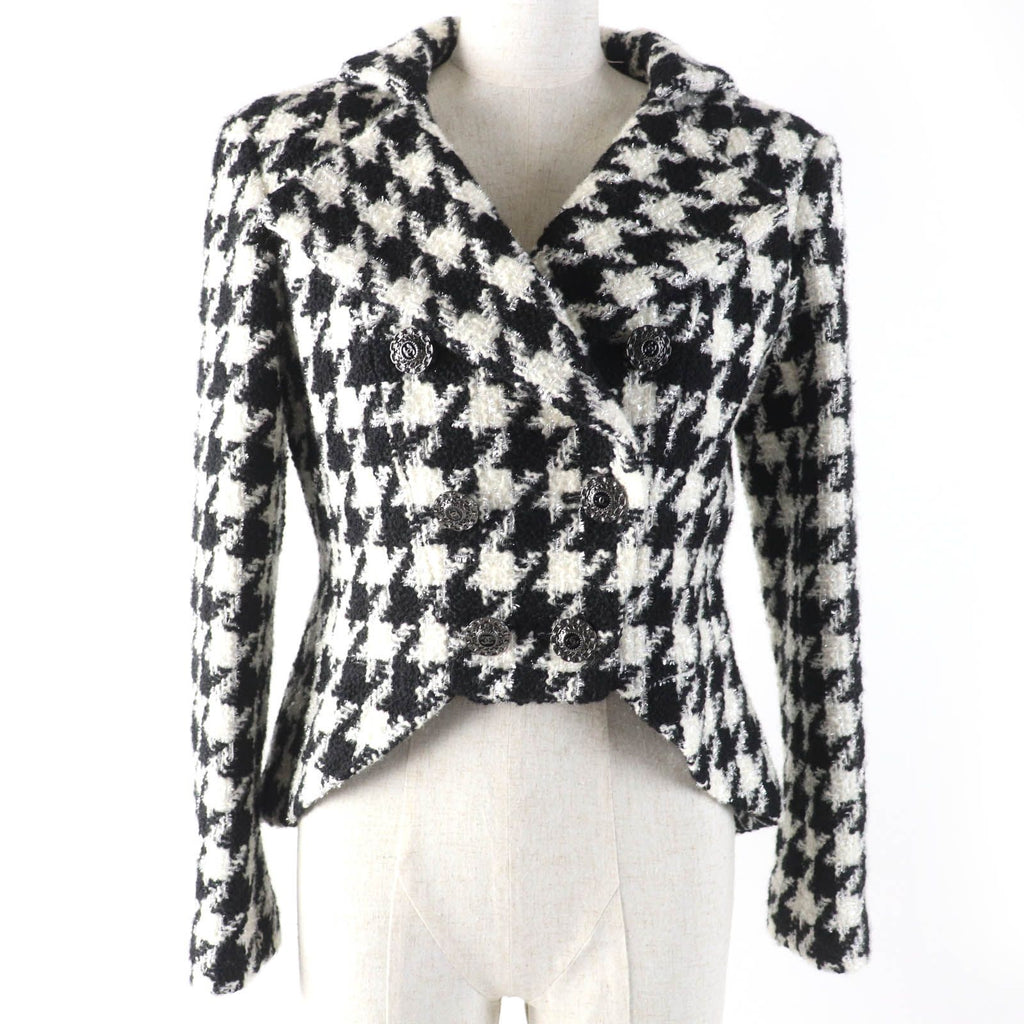 CHANEL Wool Houndstooth Tweed Jacket CC Buttons Black White Size 36