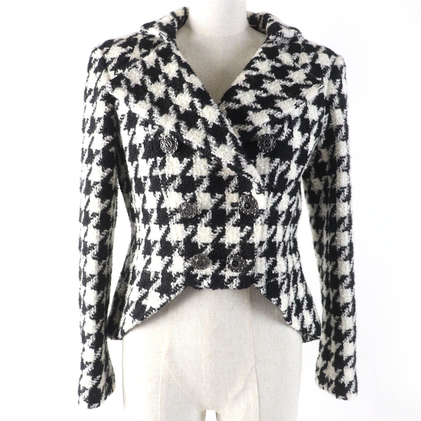 CHANEL Wool Houndstooth Tweed Jacket CC Buttons Black White Size 36