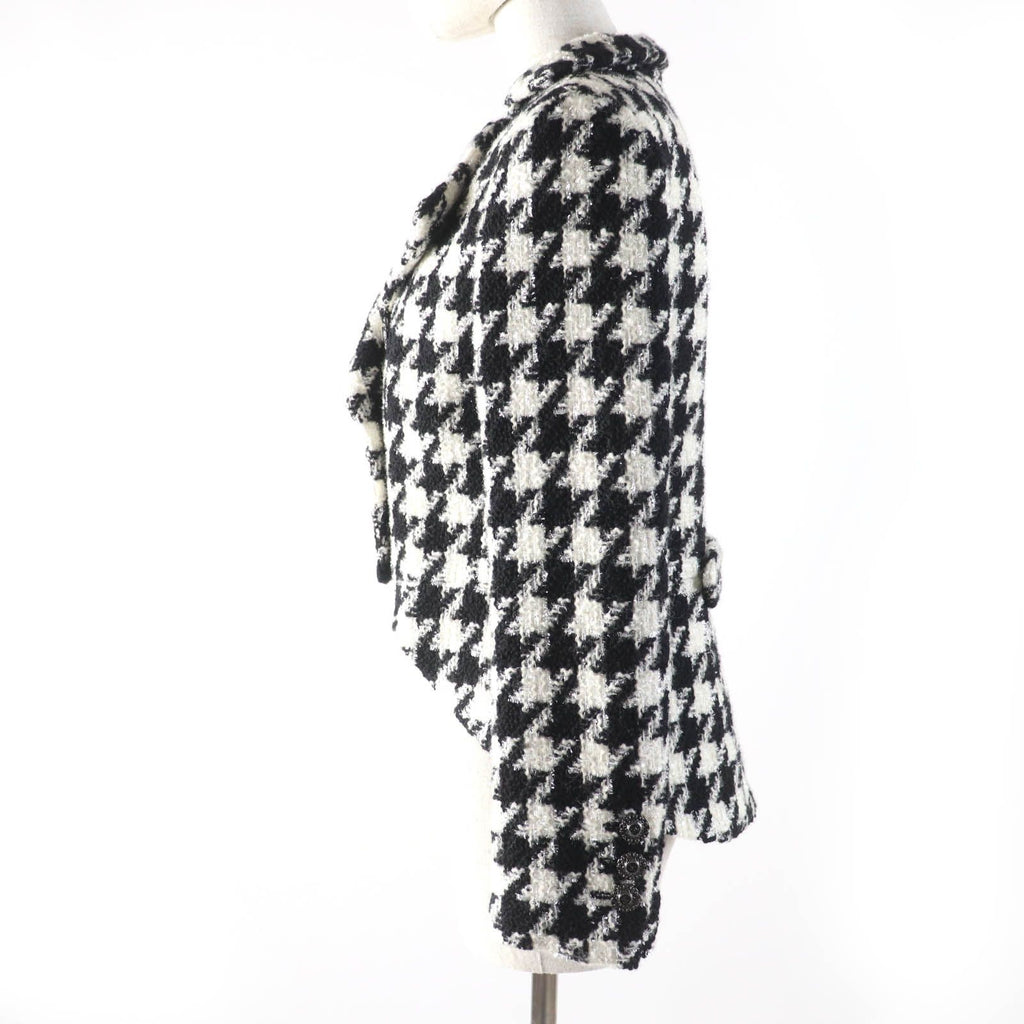CHANEL Wool Houndstooth Tweed Jacket CC Buttons Black White Size 36