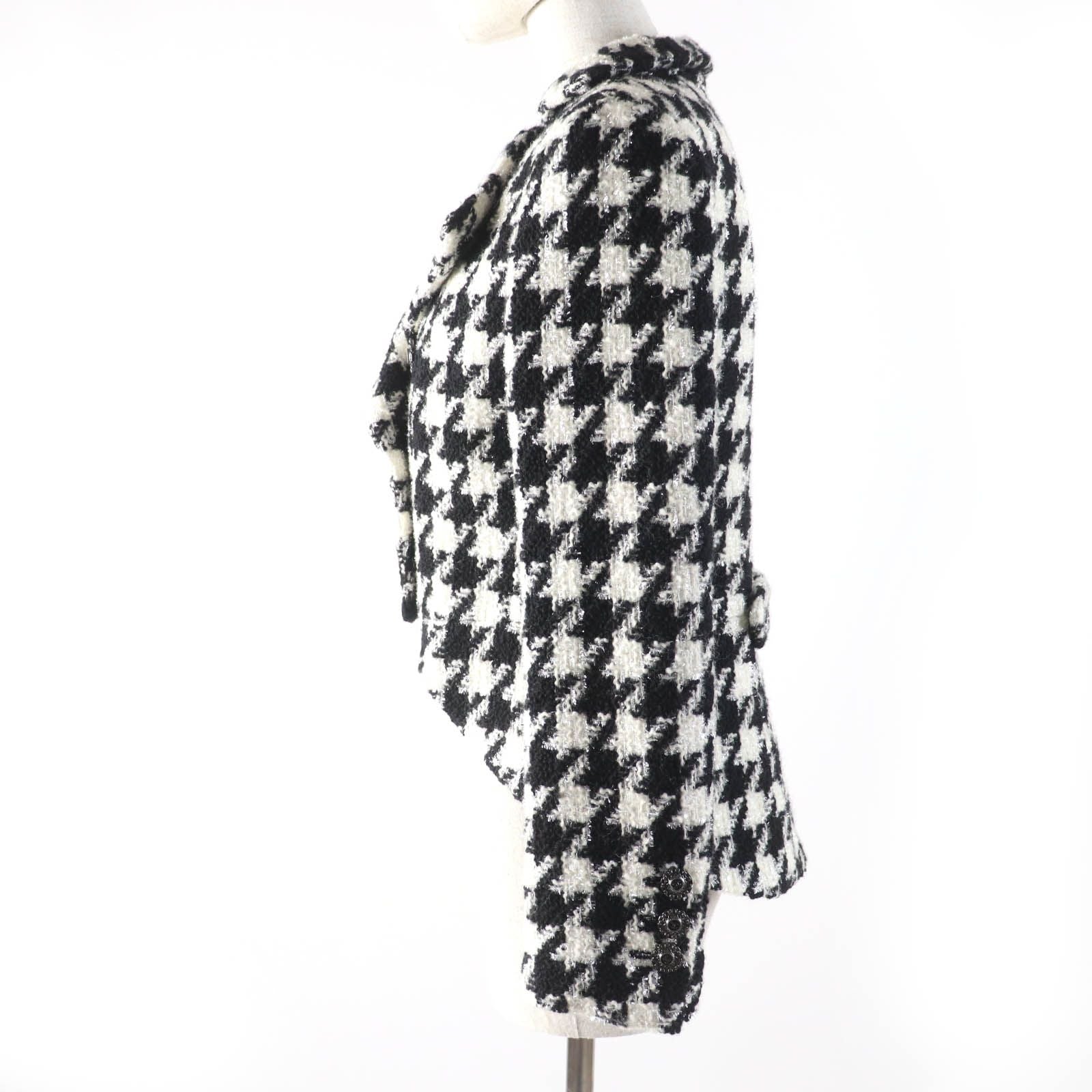 CHANEL Wool Houndstooth Tweed Jacket CC Buttons Black White Size 36