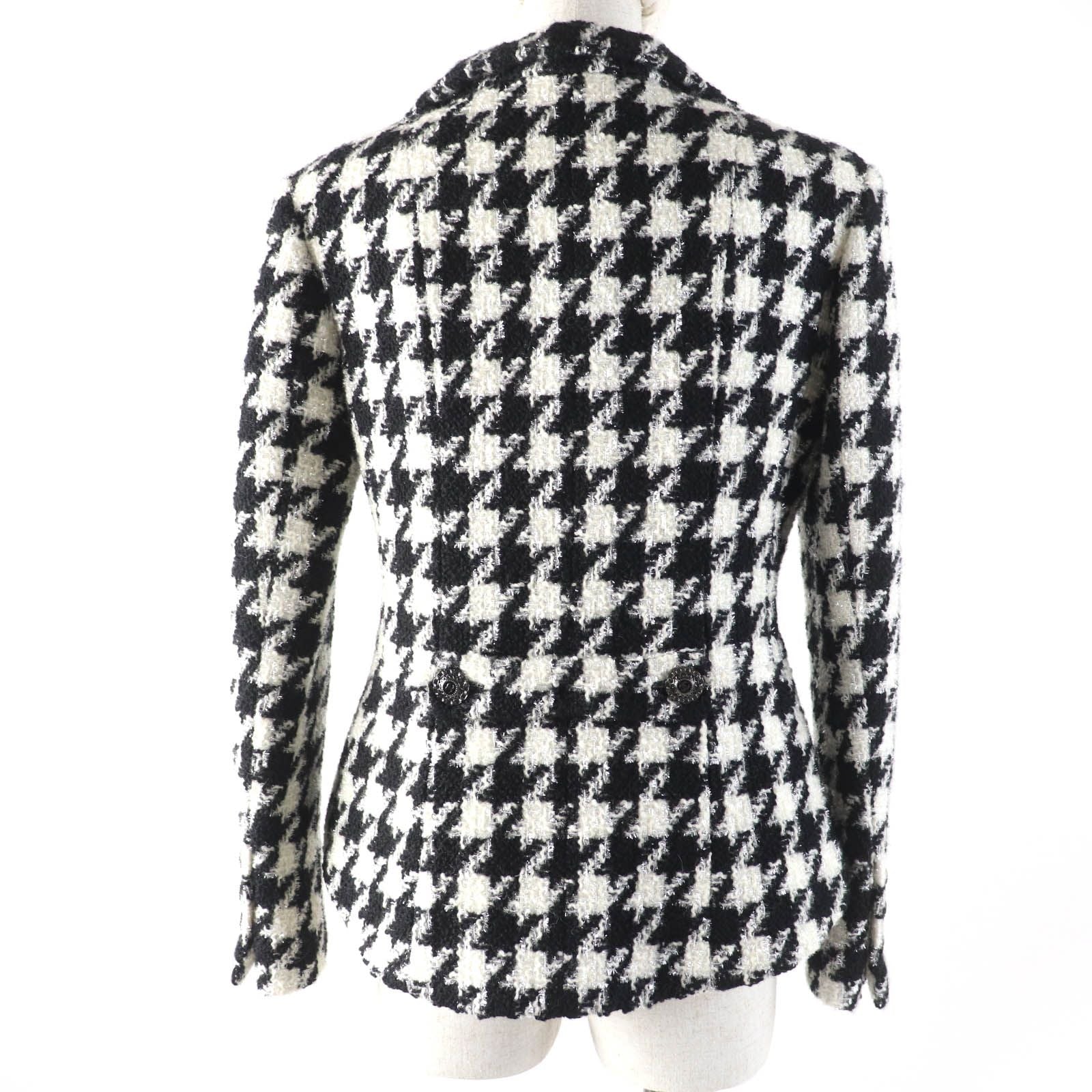 CHANEL Wool Houndstooth Tweed Jacket CC Buttons Black White Size 36