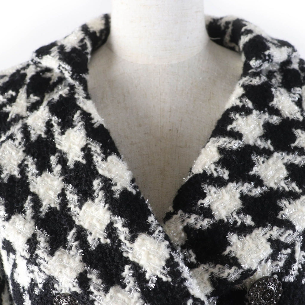 CHANEL Wool Houndstooth Tweed Jacket CC Buttons Black White Size 36