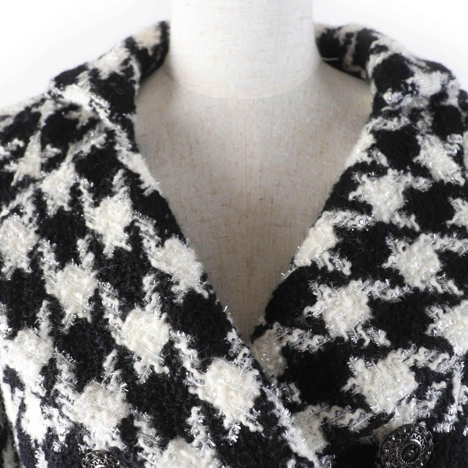 CHANEL Wool Houndstooth Tweed Jacket CC Buttons Black White Size 36