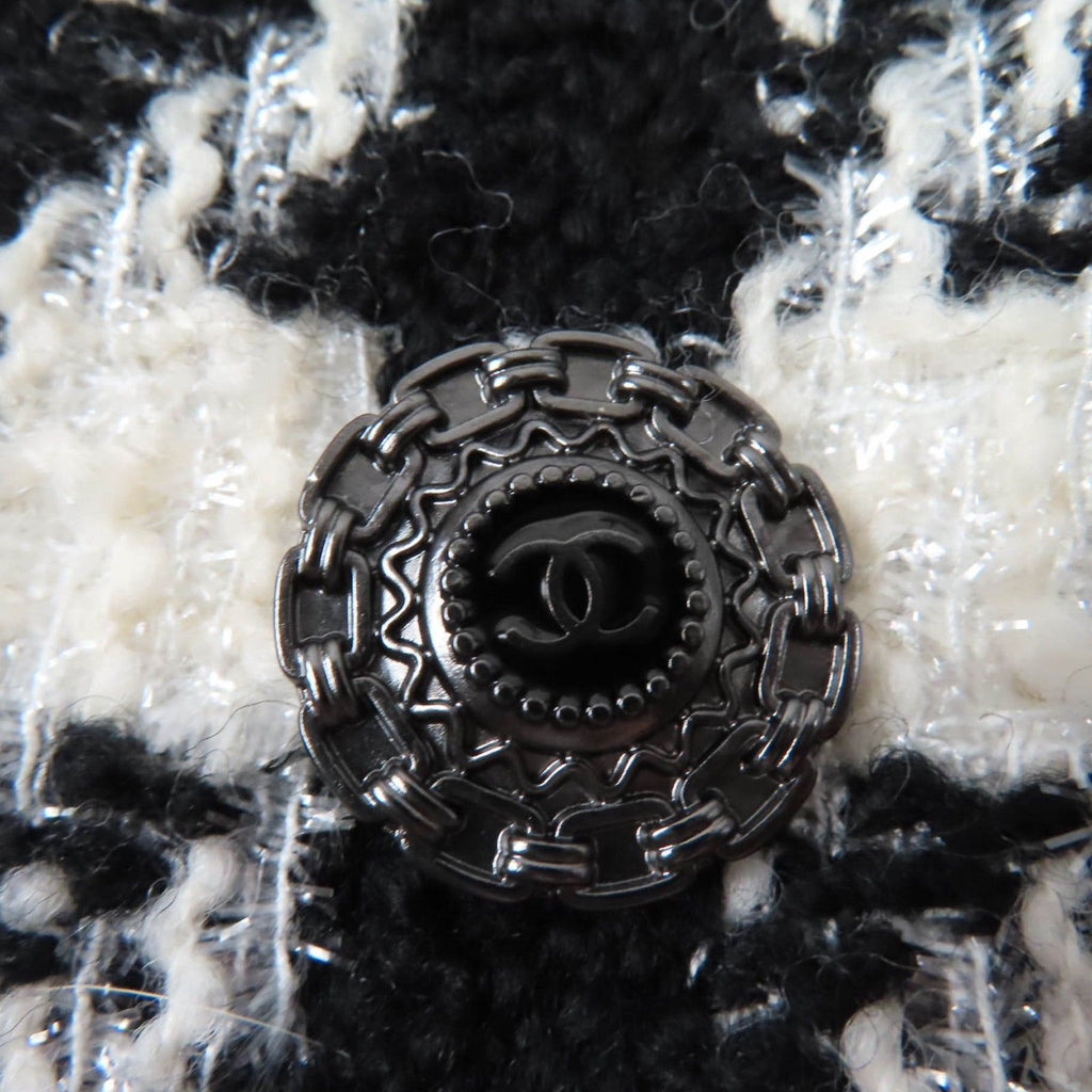 CHANEL Wool Houndstooth Tweed Jacket CC Buttons Black White Size 36