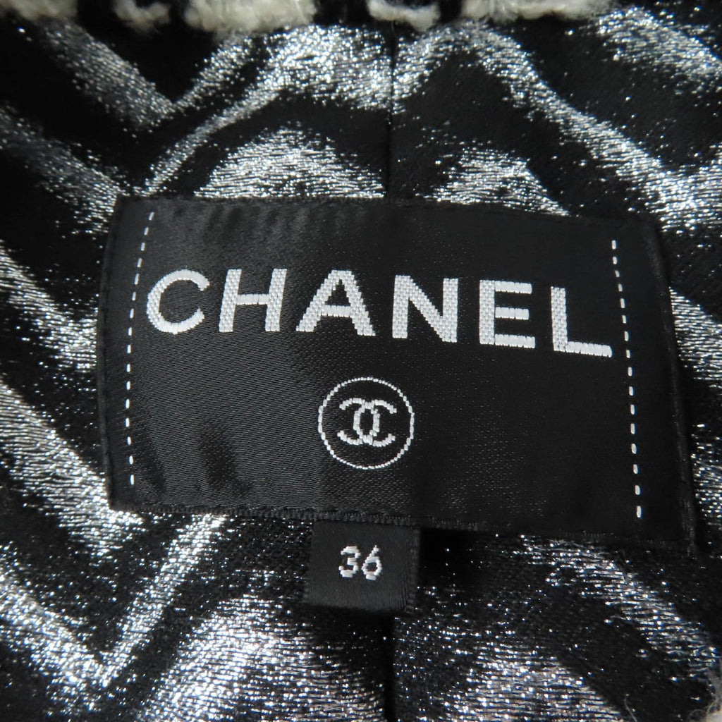 CHANEL Wool Houndstooth Tweed Jacket CC Buttons Black White Size 36