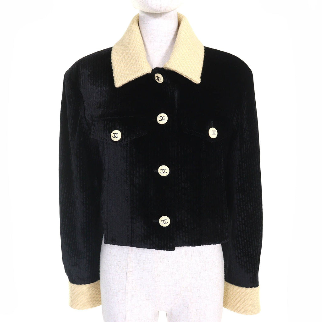 CHANEL Silk Blend Velvet Tweed Cropped Jacket CC Buttons Black Beige Size 38