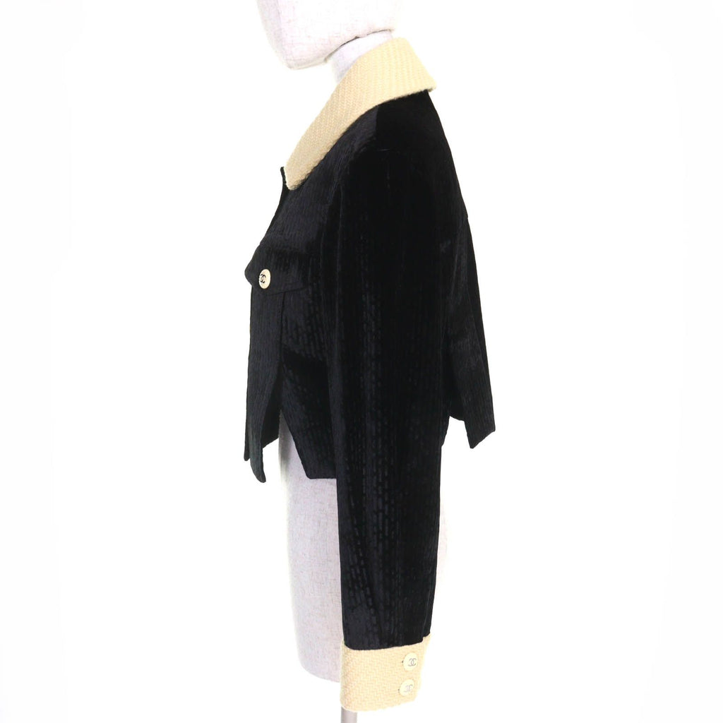 CHANEL Silk Blend Velvet Tweed Cropped Jacket CC Buttons Black Beige Size 38