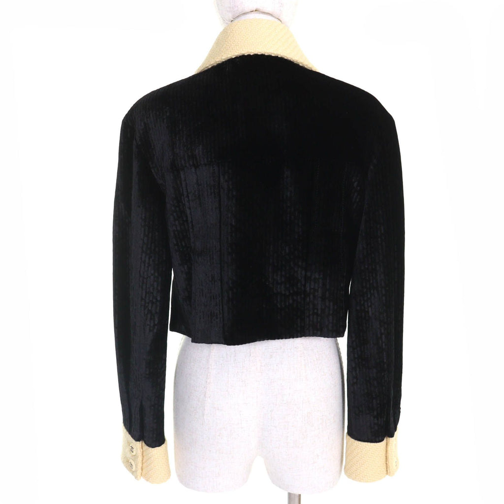 CHANEL Silk Blend Velvet Tweed Cropped Jacket CC Buttons Black Beige Size 38