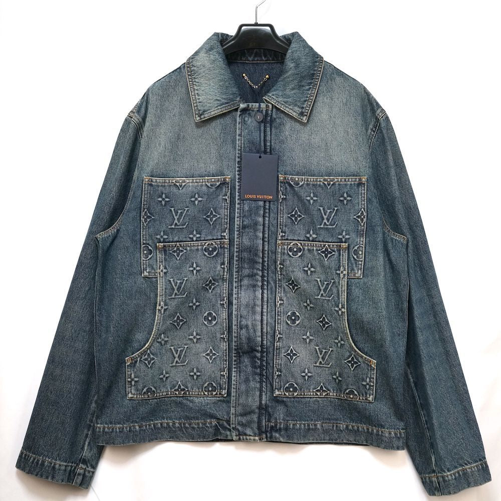 LOUIS VUITTON Monogram Embossed Zip-Up Washed Denim Jacket Size 52