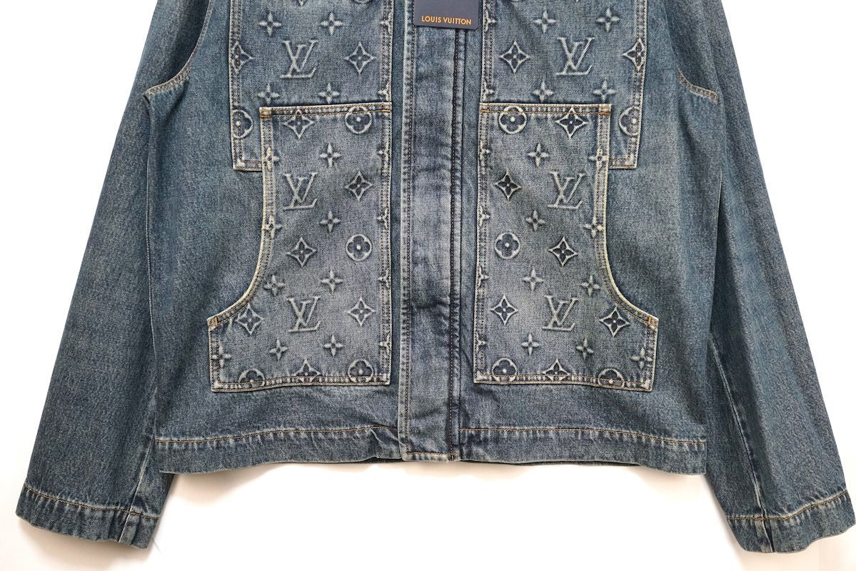 LOUIS VUITTON Monogram Embossed Zip-Up Washed Denim Jacket Size 52