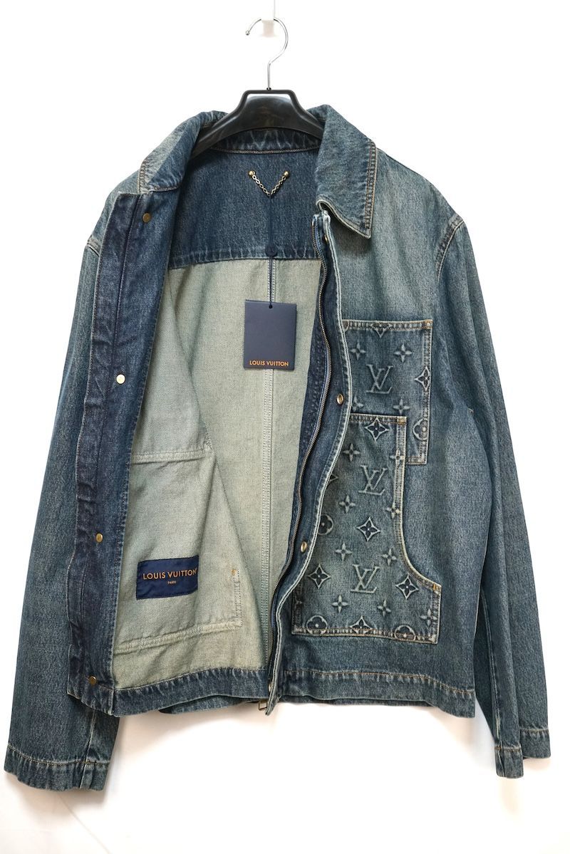 LOUIS VUITTON Monogram Embossed Zip-Up Washed Denim Jacket Size 52