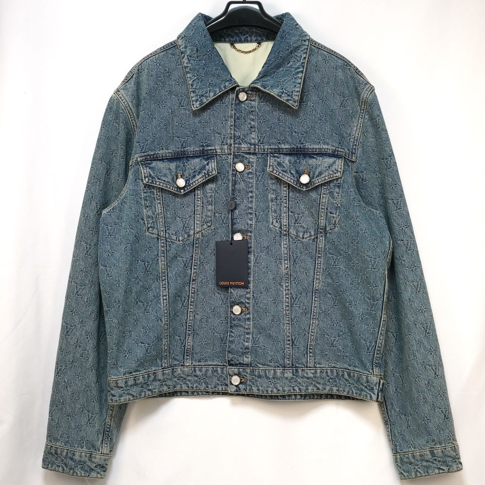 LOUIS VUITTON Monogram Jacquard Denim Jacket Pearl Buttons Ice Blue Size 54