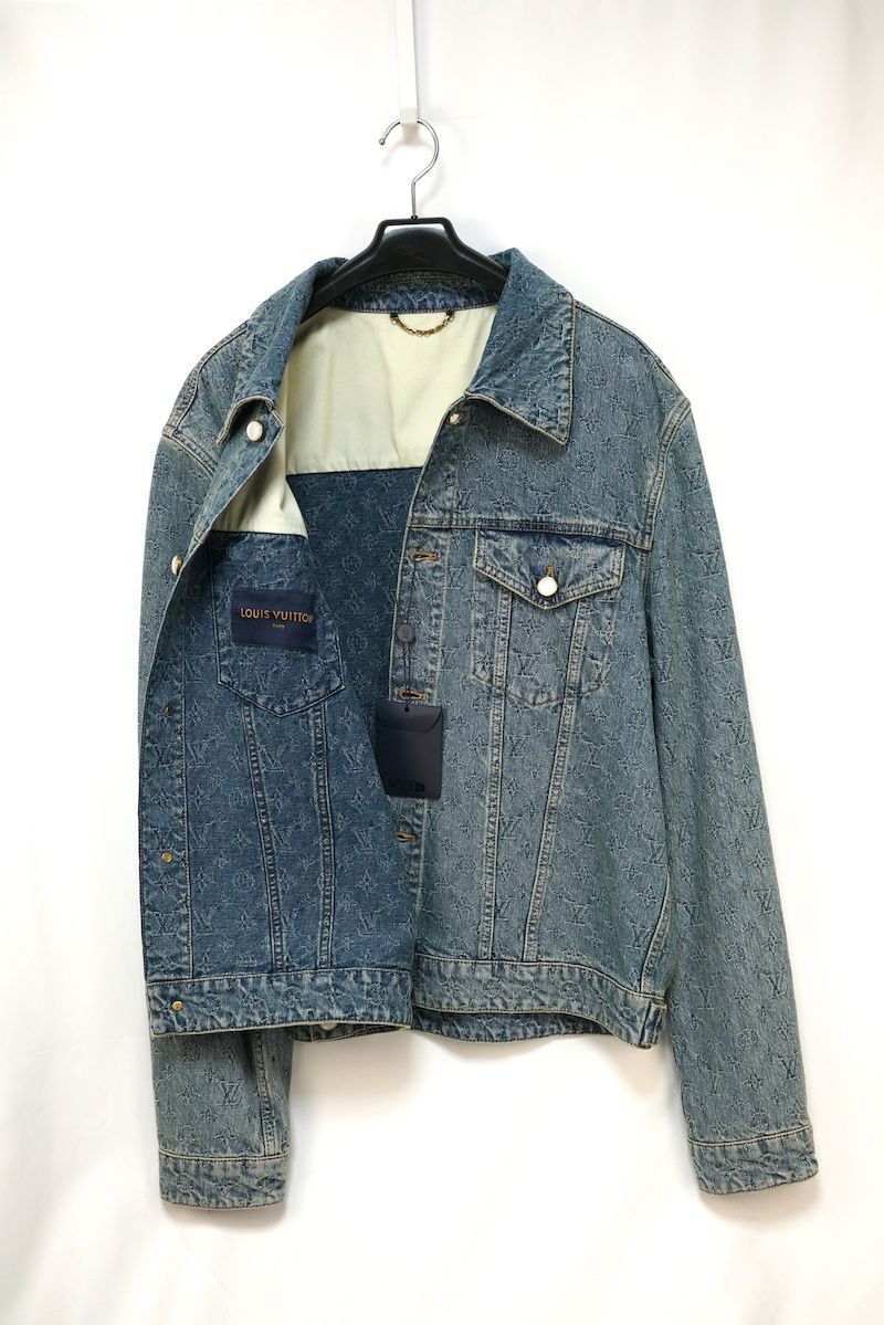 LOUIS VUITTON Monogram Jacquard Denim Jacket Pearl Buttons Ice Blue Size 54