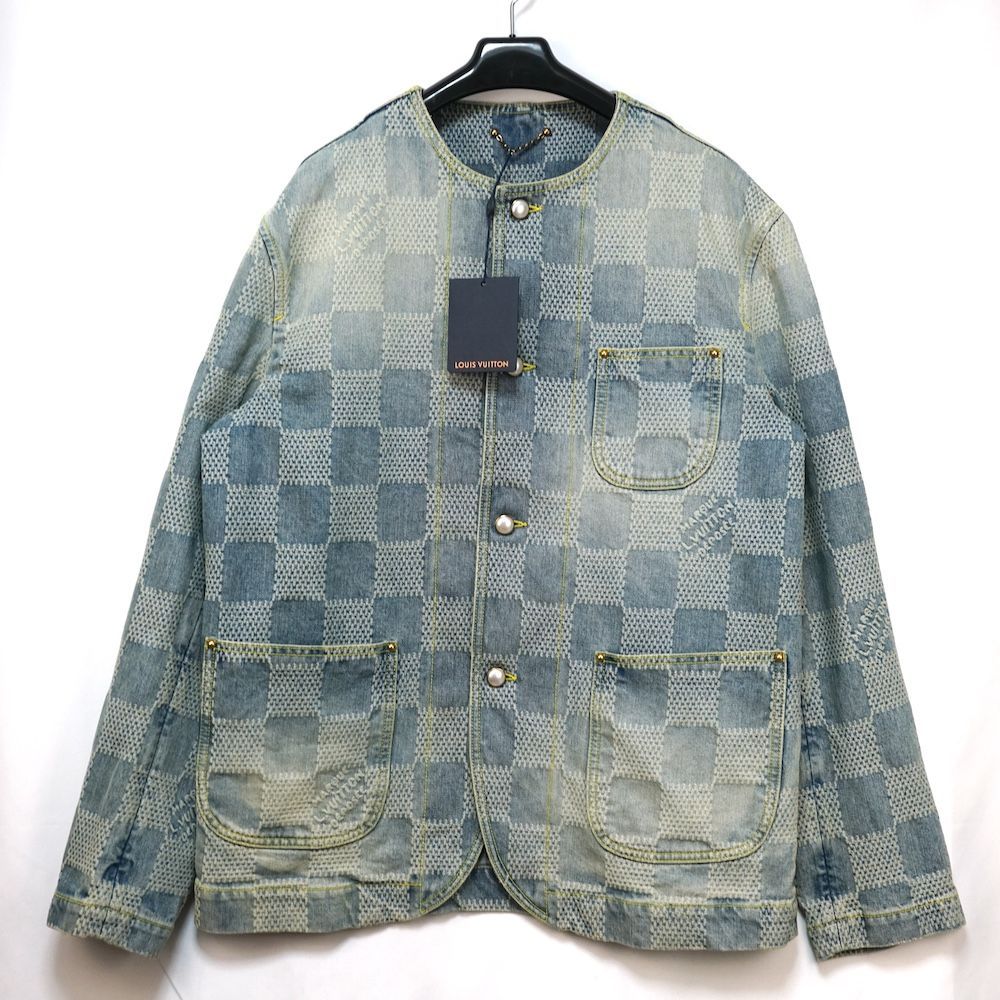 LOUIS VUITTON 25SS Cotton Damier Denim Washed No-Collar Jacket Fake Pearl Buttons Ice Blue Size 48