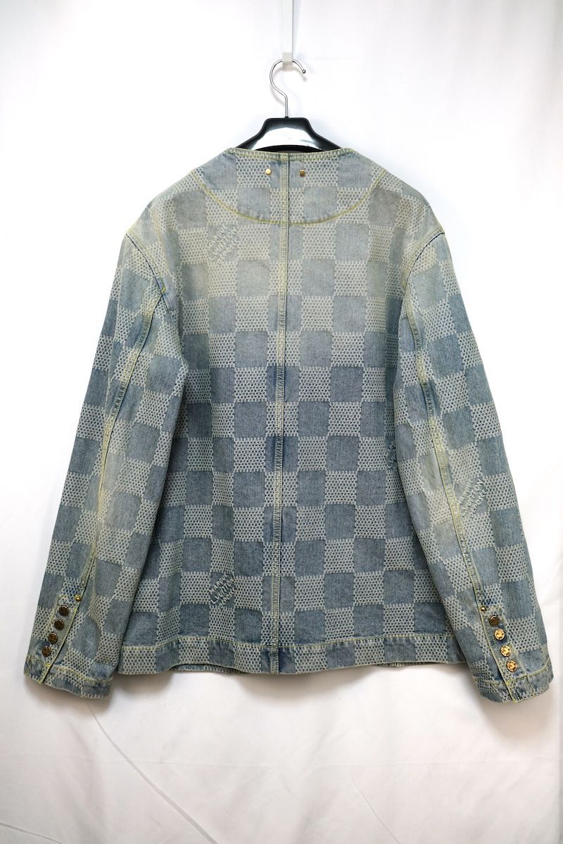 LOUIS VUITTON 25SS Cotton Damier Denim Washed No-Collar Jacket Fake Pearl Buttons Ice Blue Size 48